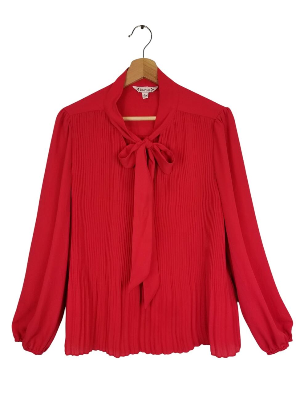 Nanette Lepore Red Pleated Bow Tie Sheer Long Sleeve Blouse Red Size Large